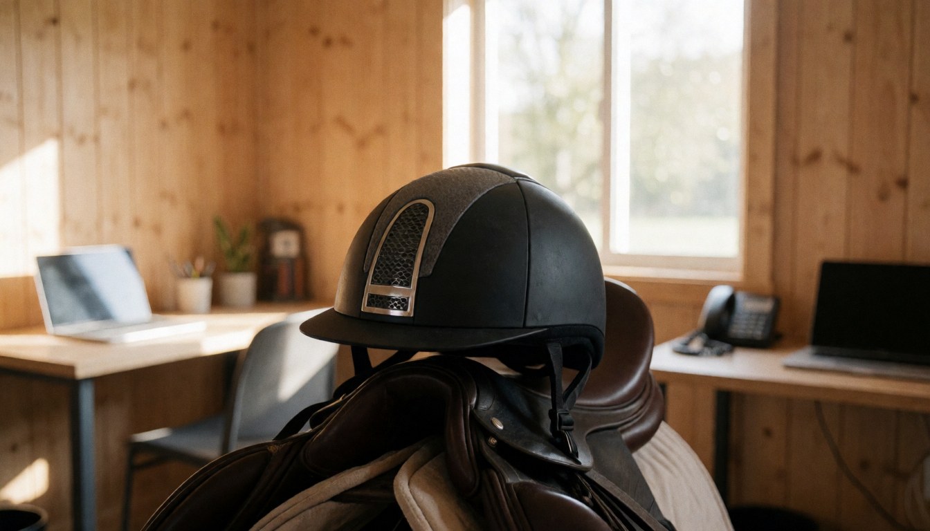 Casque de protection noir sur une selle en selle dans une pièce en bois avec lumière naturelle, idéal pour un centre équestre.