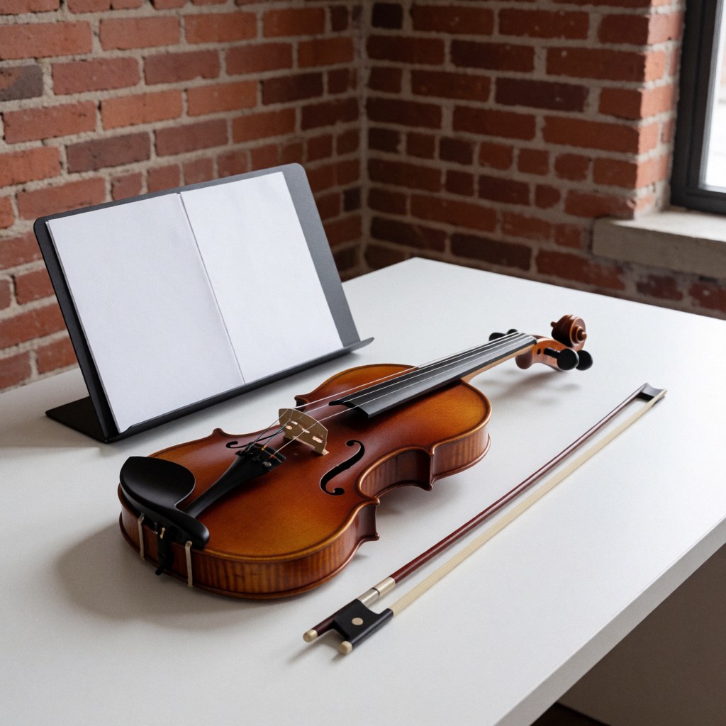 Un violon en bois posé sur une table blanche avec son archet et un pupitre à partititions, devant un mur de briques, idéal pour une académie de musique.