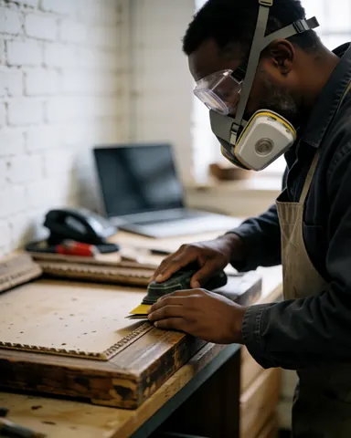Un homme portant un masque et des lunettes de sécurité ponçant un cadre en bois dans un atelier avec un mur en briques blanches, illustrant la restauration de meubles.