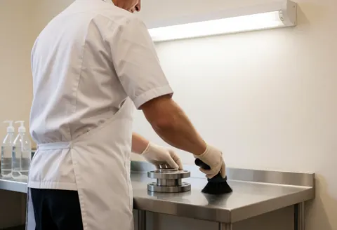 Un ouvrier en atelier industriel nettoie une bride métallique sur une table en acier inoxydable avec un pinceau noir, des bouteilles de dégraissant visibles en arrière-plan.