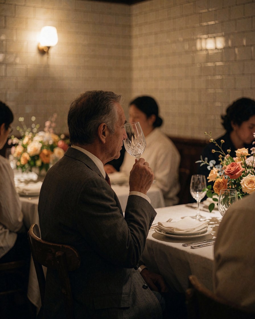 Une cliente savoure un verre de vin à une table dressée avec une nappe blanche et des arrangements floraux, dans un restaurant aux murs carrelés blancs.