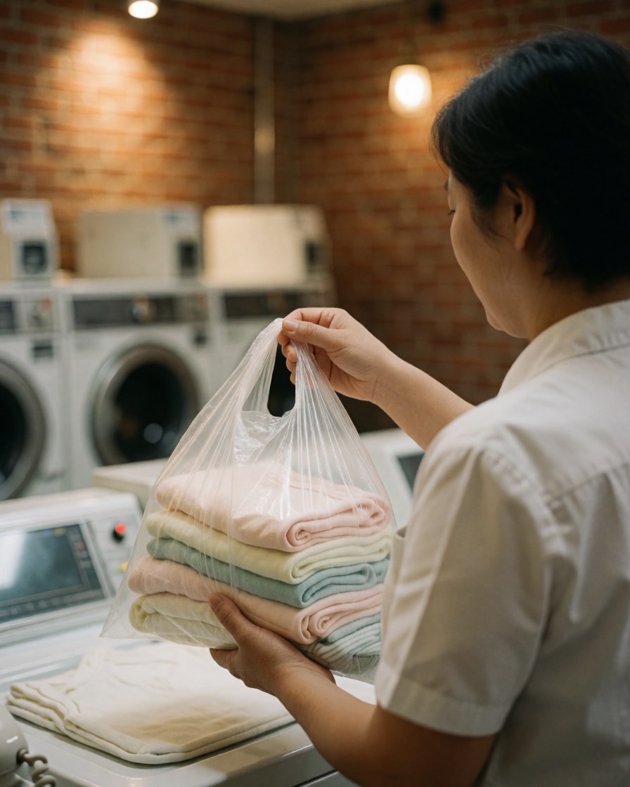 Cliente souriante tenant un sac en plastique rempli de linge propre et plié dans une laverie avec des machines et un mur en briques.