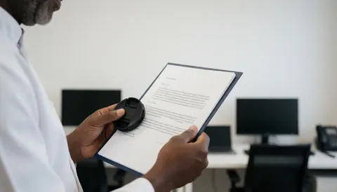 Un professionnel tient un objectif de caméra en main tout en consultant un document dans un bureau au fond flou.