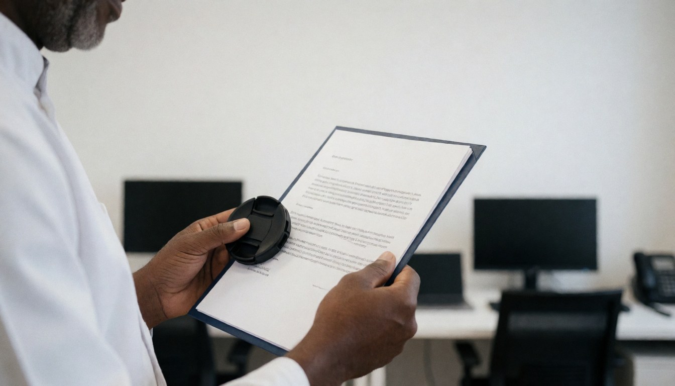 Un professionnel tient un objectif de caméra en main tout en consultant un document dans un bureau au fond flou.