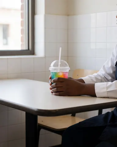Un client détendu profite d'une boisson fraîche à paille et à couvercle, assis à une table stratifiée dans un espace intérieur lumineux aux murs carrelés blancs.