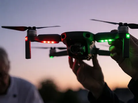Des mains tenant un drone avec des lumières rouges et vertes allumées contre un ciel au coucher du soleil, idéal pour un photographe aérien.