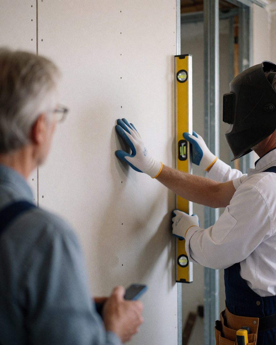 Un travailleur en gants utilise un niveau jaune pour installer une plaque de plâtre tandis qu'un client observe attentivement dans une pièce aux cadres en bois apparents.