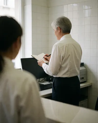 Une personne écrit dans un carnet sur le comptoir de réception avec des murs carrelés blancs et une lumière naturelle dans un hébergement.