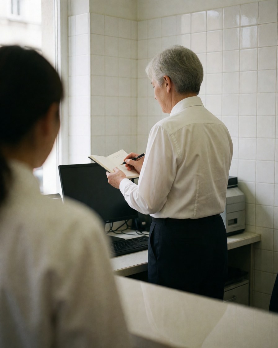 Une personne écrit dans un carnet sur le comptoir de réception avec des murs carrelés blancs et une lumière naturelle dans un hébergement.