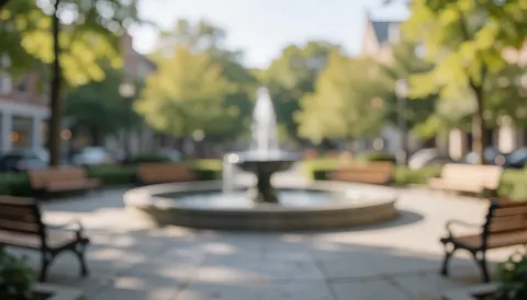 Place avec fontaine centrale et bancs en bois, fond flou avec arbres et lumière douce, idéal pour textes commerciaux