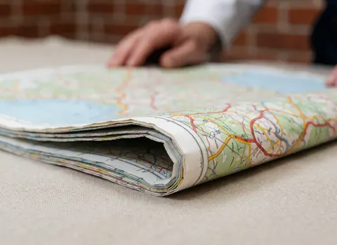 Carte pliée posée sur un tissu en lin avec un mur de briques en arrière-plan. Des mains sont visibles, éclairage naturel, idéal pour un hôtel ou un voyage.