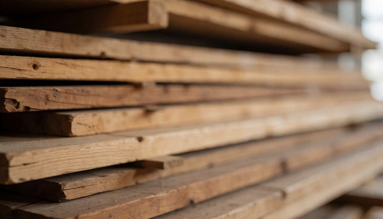 Arrière-plan de planches de bois empilées aux tons chauds, idéal pour les textes commerciaux et les artisans sculpteurs sur bois.