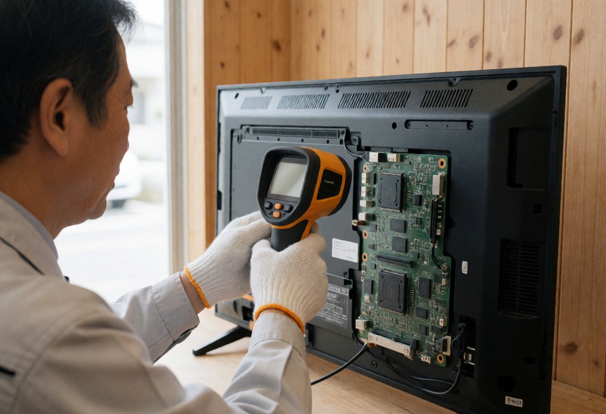 Technicien en gants examine la carte de circuit d'un téléviseur LED à l'aide d'un thermomètre infrarouge dans un intérieur avec mur en bois et lumière naturelle.