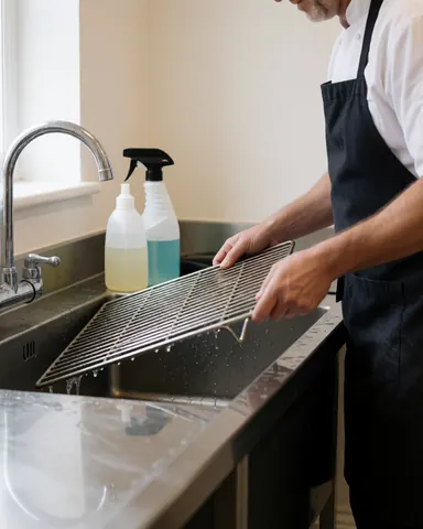 Un technicien en tabis sombre lave une grille métallique dans un évier industriel avec des bouteilles de produits de nettoyage et de l'eau claire.
