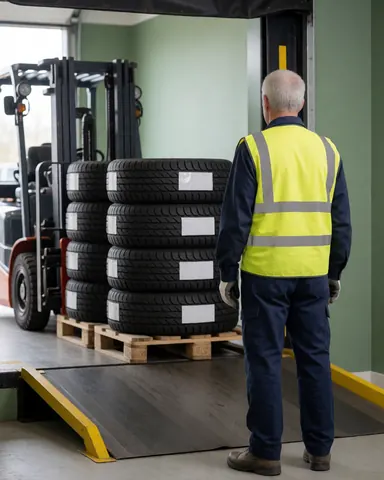 Un employé portant un gilet de sécurité se tient devant des empilements de pneus neufs dans un entrepôt industriel avec un chariot élévateur.