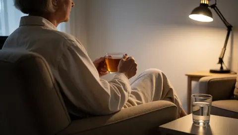 Une personne est assise sur une chaise, tenant une tasse de thé, avec une lampe de bureau et un mur blanc en arrière-plan, créant une ambiance relaxante.