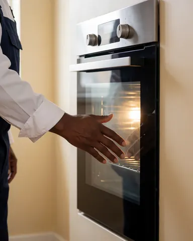 Main d'un technicien touchant la porte d'un four avec lumière intérieure, murs beige, reflet visible, service de réparation d'appareils électroménagers.