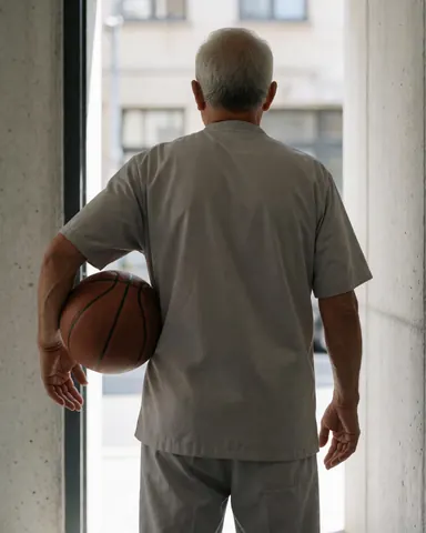 Homme de dos tenant un ballon de basket à l'entrée d'un gymnase avec des murs en béton et une lumière naturelle.