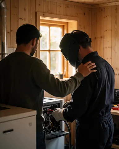 Un client pose la main sur l'épaule du technicien qui ajuste les vannes d'une chaudière à biomasse dans une pièce aux murs en bois.