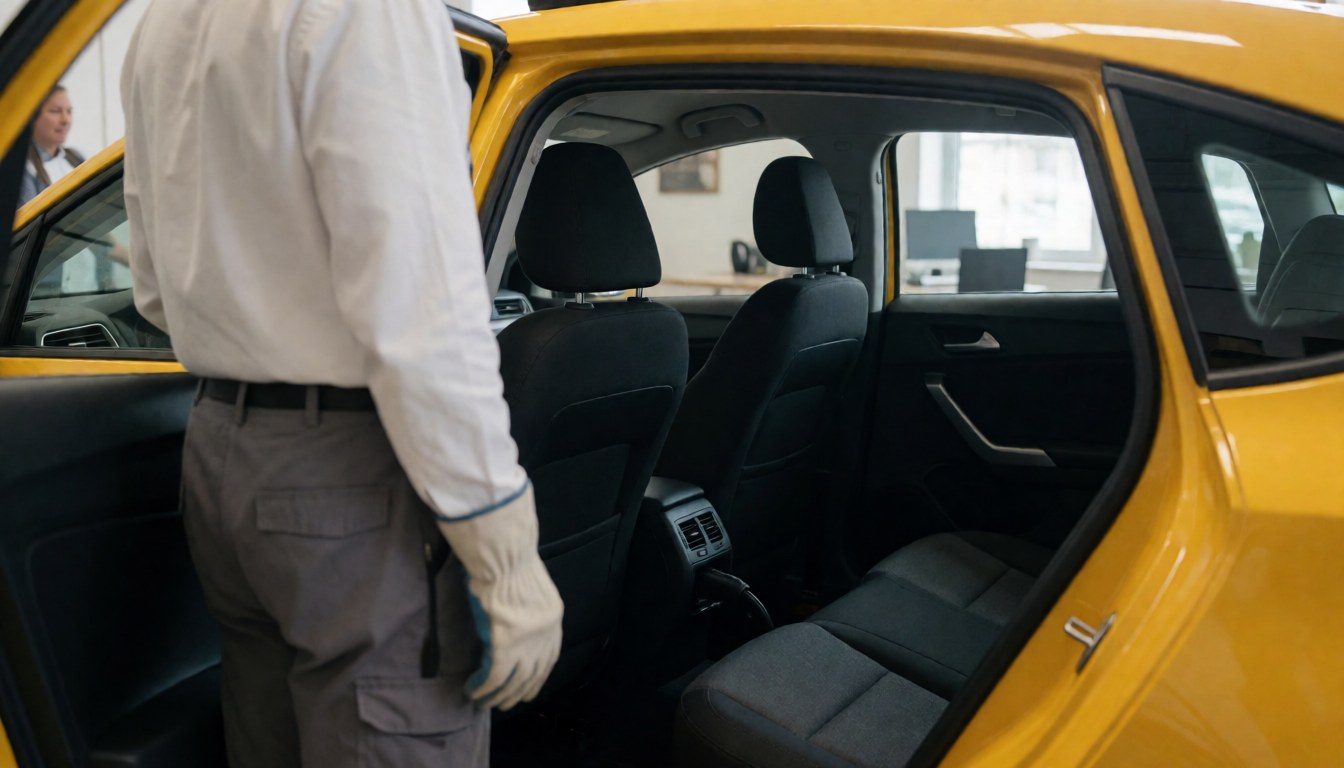 Intérieur d'un taxi jaune avec porte ouverte, conducteur dos tourné et client assis, espace propre et moderne pour services de transport.