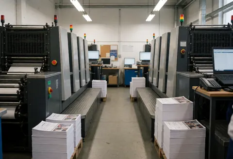 Coureur dans un atelier industriel près de machines offset, piles de papier imprimé et ordinateurs, adapté au secteur de l'impression graphique.