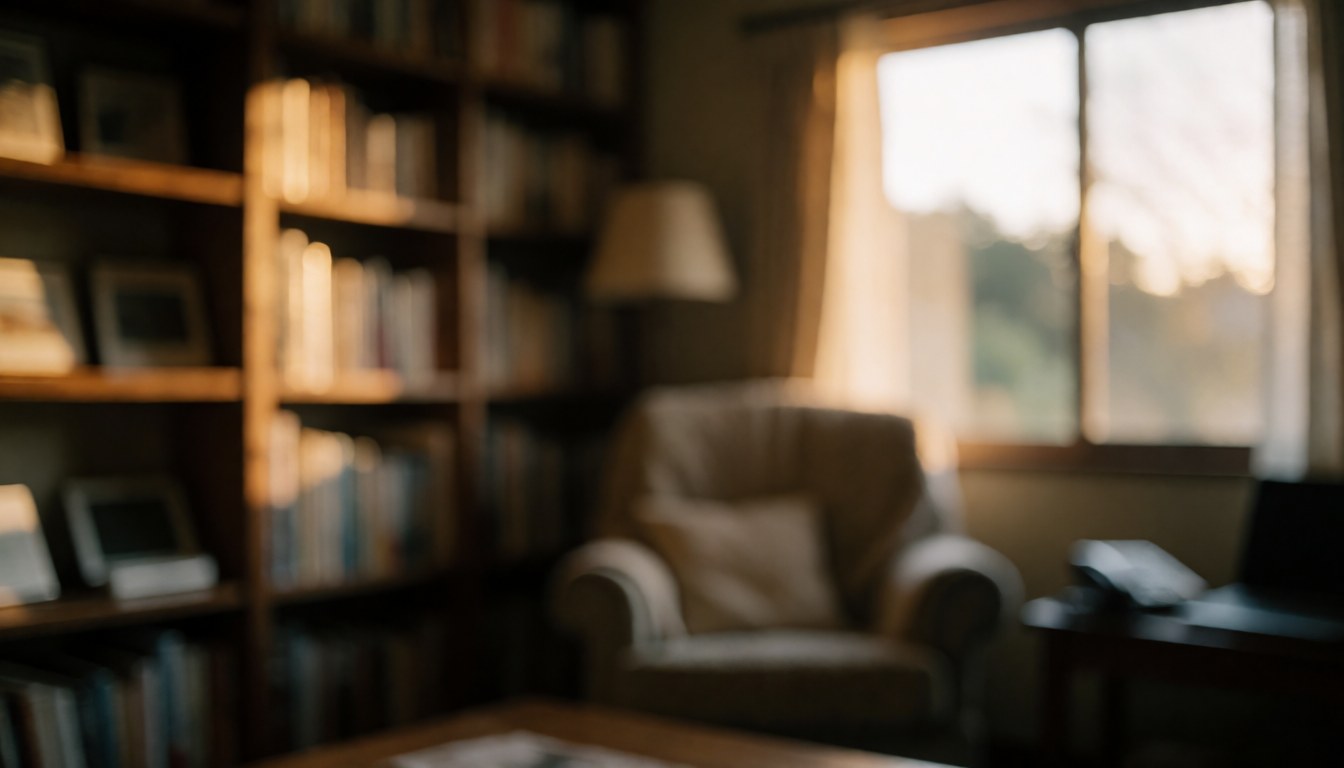 Arrière-plan flou d'un salon rural avec un fauteuil, une bibliothèque et une lumière chaude de coucher de soleil, idéal pour des textes sur l'hébergement.