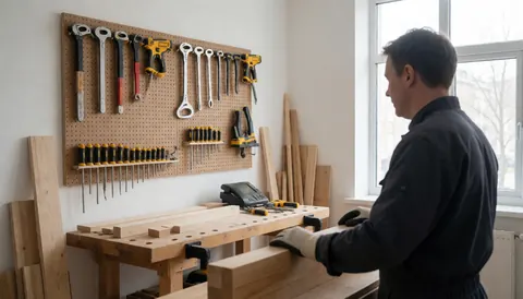 Un menuisier portant des gants travaille dans un atelier avec des outils sur une table et du bois coupé, idéal pour la réparation d'escaliers.
