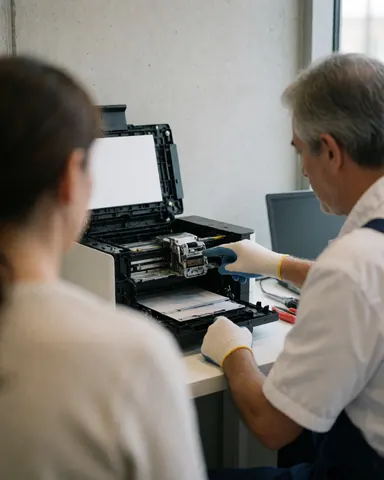 Un technicien en gants nettoie la tête d'impression d'une imprimante ouverte pendant qu'un client observe la réparation.