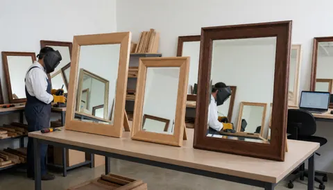 Atelier de restauration de meubles anciens avec des cadres de miroirs en bois poli et des outils de menuiserie.