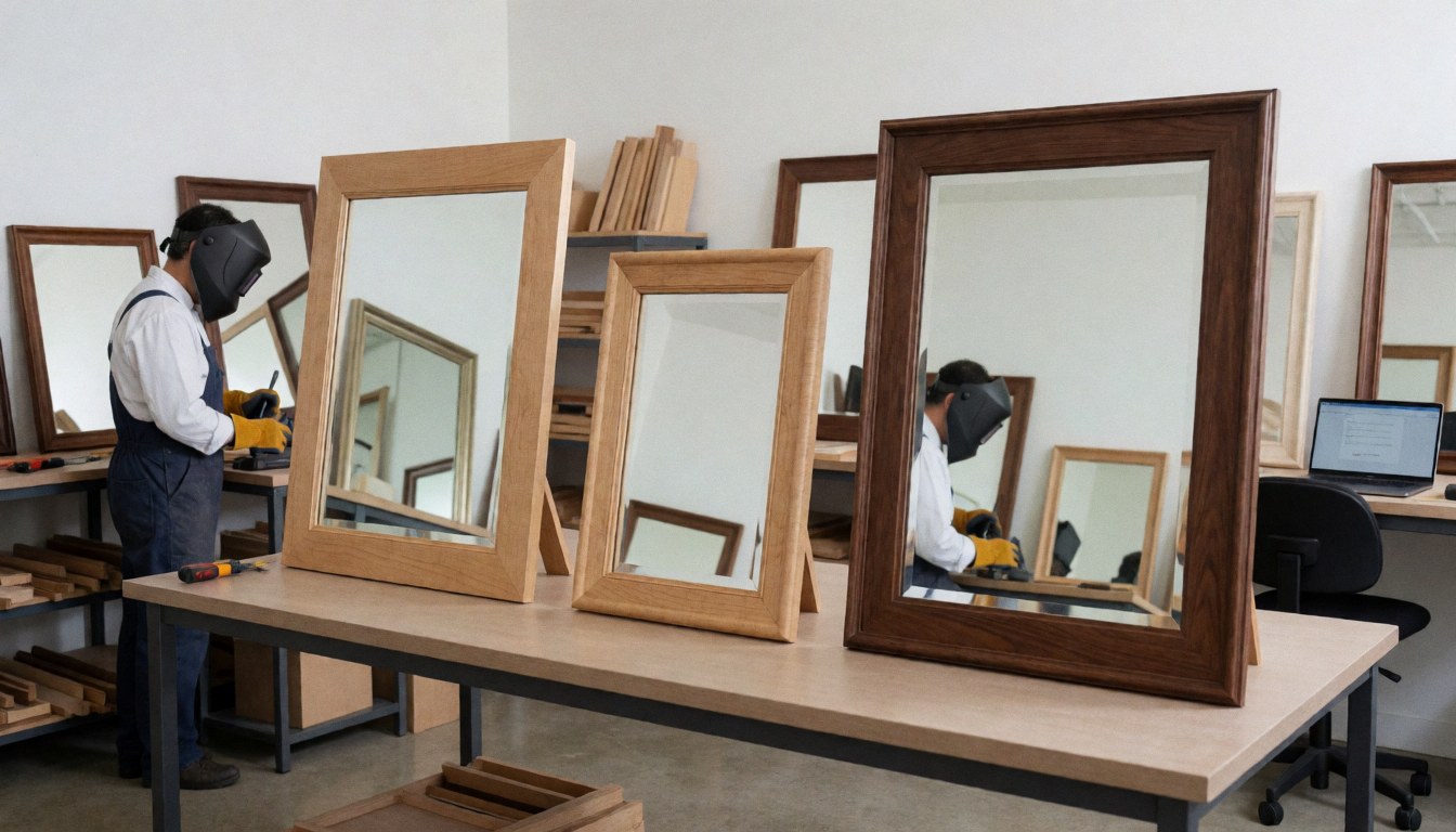 Atelier de restauration de meubles anciens avec des cadres de miroirs en bois poli et des outils de menuiserie.