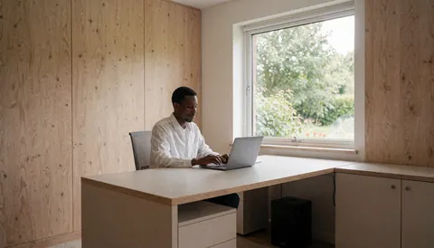 Un homme travaille sur un ordinateur portable dans un bureau moderne aux murs en bois, avec une fenêtre offrant une vue sur la verdure, idéal pour une maison de vacances.