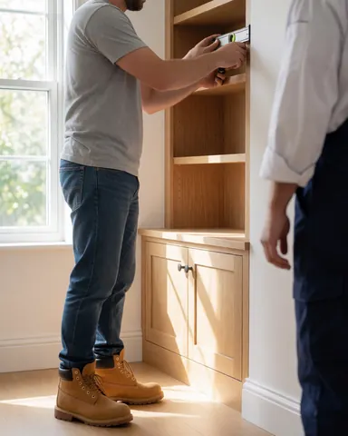 Un menuisier ajuste une étagère en bois à l'aide d'un niveau tandis qu'un client observe la scène dans un intérieur lumineux aux murs blancs.