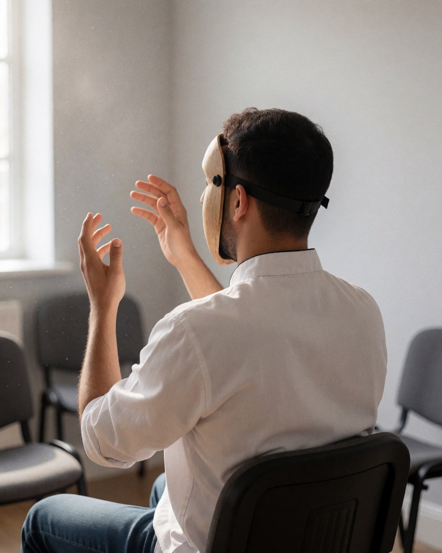 Un étudiant avec un masque de théâtre pratique des gestes expressifs dans une salle de théâtre avec des chaises vides et une lumière naturelle.