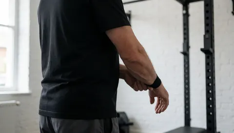 Entraîneur de crossfit en train d'enrouler du ruban autour de ses poignets dans un gymnase avec un mur de briques blanches et un rack d'entraînement en arrière-plan