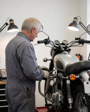 Mécanicien en uniforme inspectant la suspension d'une moto dans un atelier éclairé, avec des outils visibles.