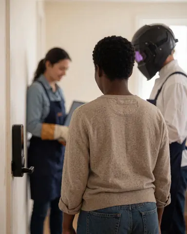 Cliente satisfaite regarde la serrure intelligente posée sur sa porte, technicien en sécurité visible en arrière-plan.