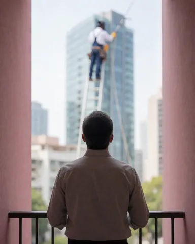 Une cliente regarde depuis un balcon pendant qu'un travailleur sur une échelle nettoie les fenêtres d'un immeuble avec un outil, des murs roses et une lumière naturelle.