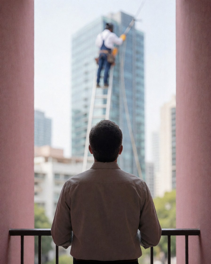 Une cliente regarde depuis un balcon pendant qu'un travailleur sur une échelle nettoie les fenêtres d'un immeuble avec un outil, des murs roses et une lumière naturelle.
