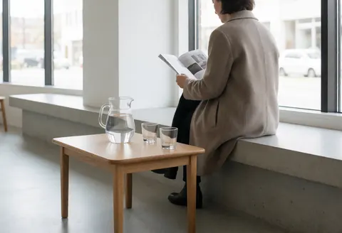 Une cliente lit un magazine assise sur un banc en béton près d'une table en bois avec une carafe et des verres, dans un espace lumineux et moderne.