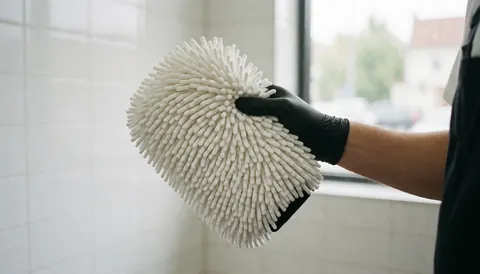 Main gantée de noir tenant une serviette blanche en microfibre dans un centre de lavage avec des murs carrelés blancs et une lumière naturelle.