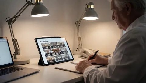 Un photographe d'événements examine sa galerie numérique sur une tablette posée sur un bureau moderne, éclairé par une lampe de bureau, avec un carnet et un stylo à proximité.