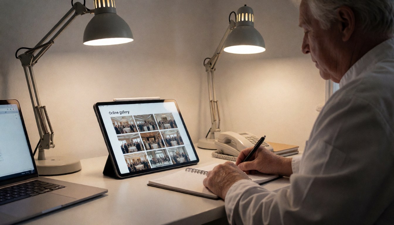 Un photographe d'événements examine sa galerie numérique sur une tablette posée sur un bureau moderne, éclairé par une lampe de bureau, avec un carnet et un stylo à proximité.
