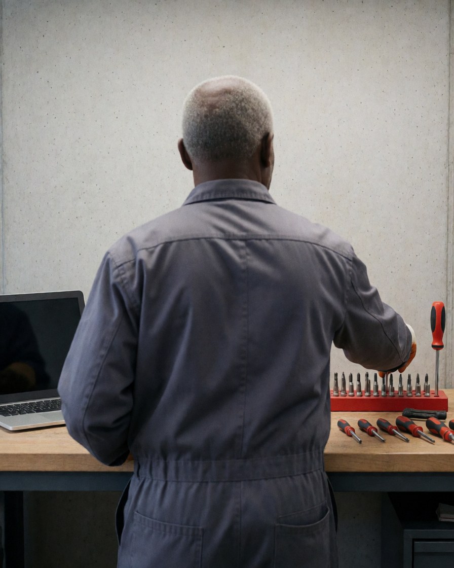 Un technicien de réparation électronique choisit un embout de tournevis dans son système sur une table de travail devant un mur en béton.