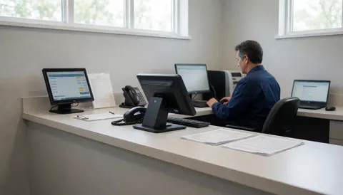 Comptoir de laverie propre et ordonné avec terminal de vente, téléphone et documents posés sur une surface claire.