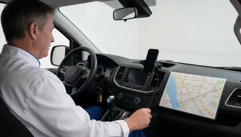 Conducteur de transport avec une carte plastifiée fixée au tableau de bord, un téléphone monté et une main sur le levier de vitesse, dans un intérieur propre et professionnel.