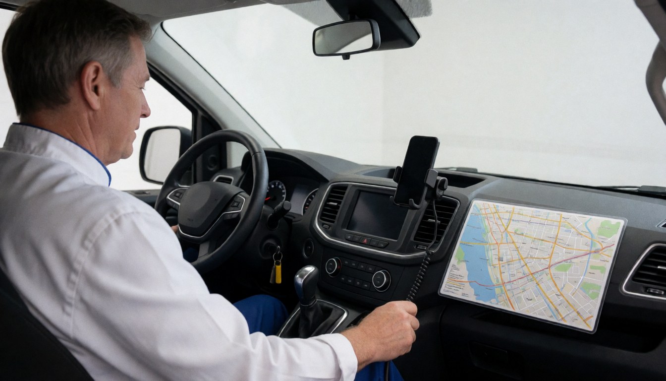 Conducteur de transport avec une carte plastifiée fixée au tableau de bord, un téléphone monté et une main sur le levier de vitesse, dans un intérieur propre et professionnel.
