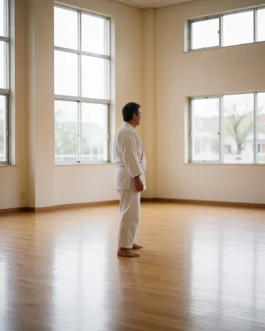 Instructeur de karate en kimono blanc dans un dojo avec sol en bois poli, murs beige et grandes fenêtres laissant entrer la lumière naturelle.