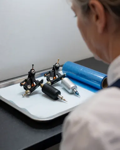 Des machines à tatouer et du film de barrière placés dans un stérilisateur métallique, avec un professionnel de dos dans un studio de tatouage aux murs gris.