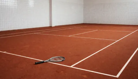 Court de tennis en terre rouge avec lignes blanches et une raquette posée, idéal pour la page d'accueil d'un club de tennis.