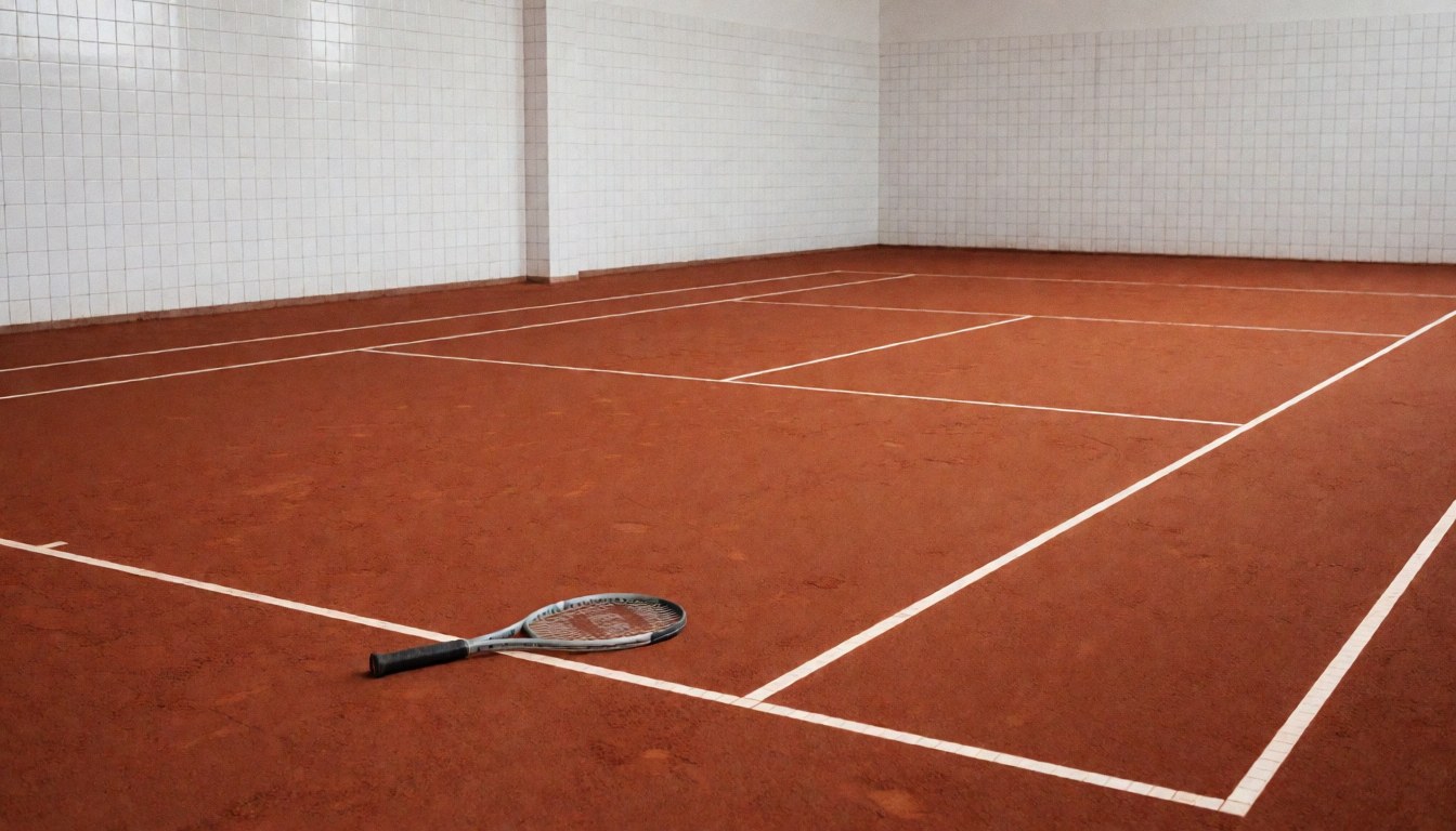 Court de tennis en terre rouge avec lignes blanches et une raquette posée, idéal pour la page d'accueil d'un club de tennis.